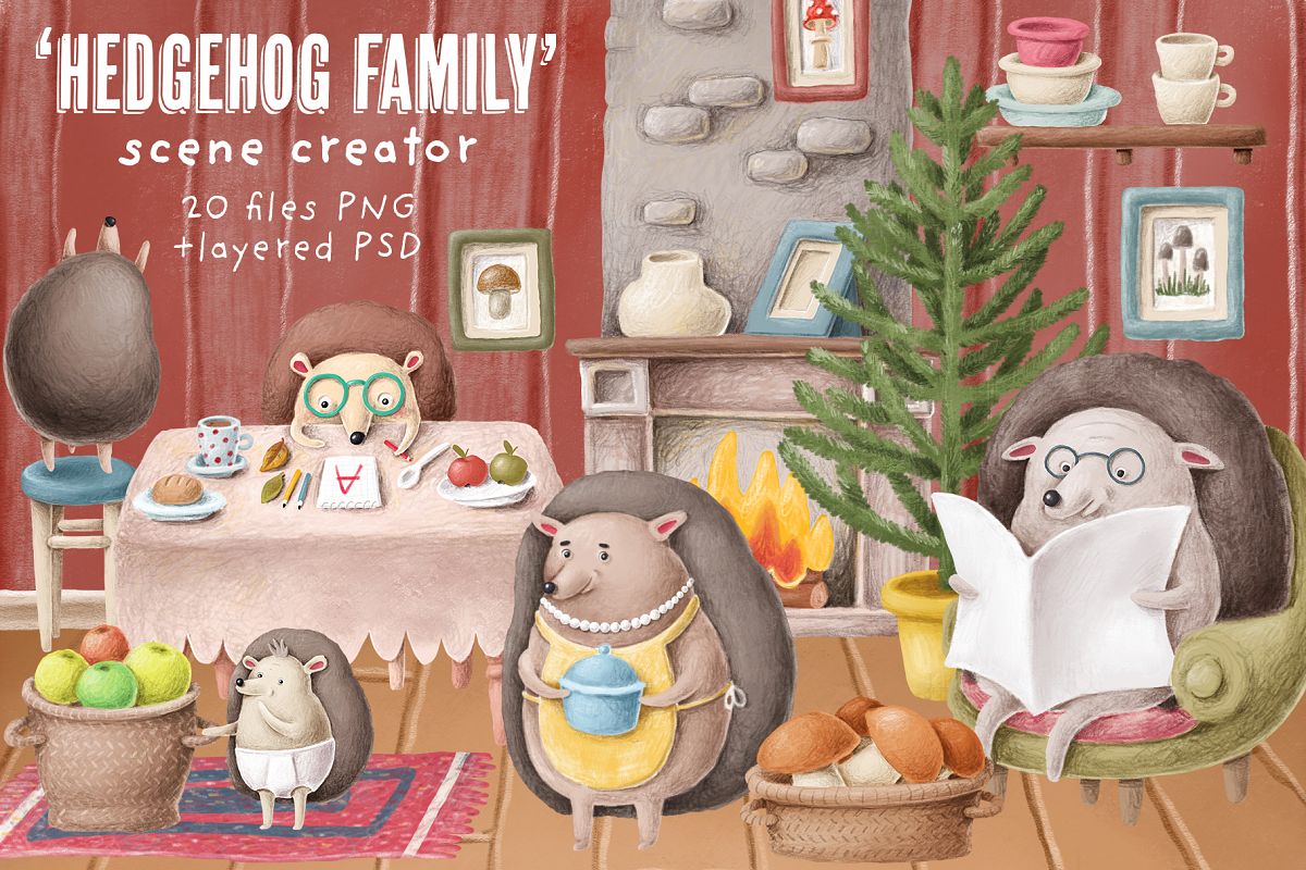Hedgehog family scene creation kit example image 1