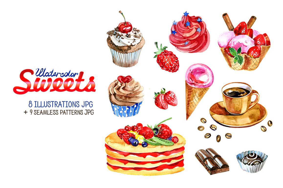 Watercolor sweets set. example image 1