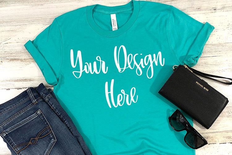 Bella 3001 Teal Shirt Mockup Photo - Flatlay Photo example image 1