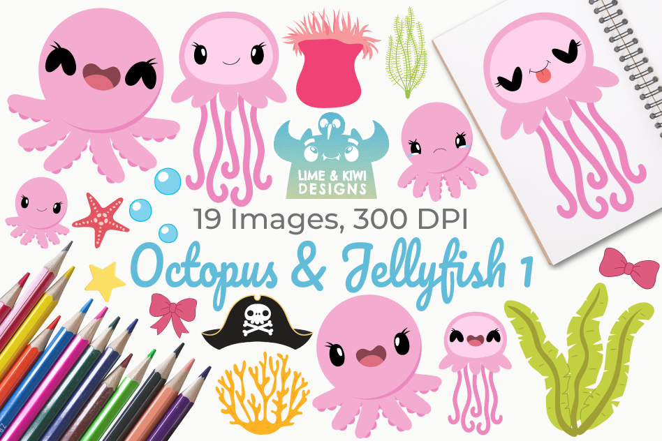 Octopus & Jellyfish 1 Clipart, Instant Download Vector Art example image 1
