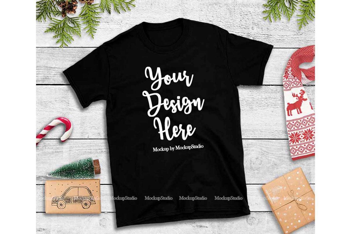 Black Christmas Tshirt Mockup Flat Lay Holiday Shirt Display example image 1