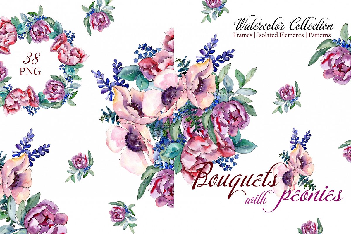 Bouquets with peonies Phuket Watercolor png example image 1