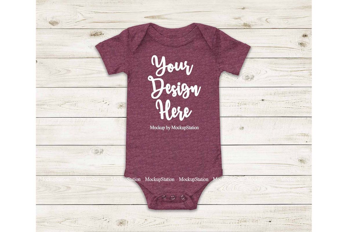 Baby Heather Maroon Bodysuit Mockup, Blank Toddler Mock Up example image 1