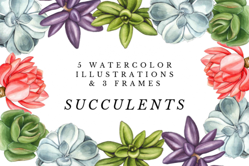 Watercolor Succulents Cliparts, Floral Wreath Wedding example image 1