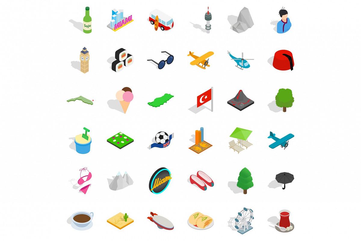 Summer landmark icons set, isometric style example image 1
