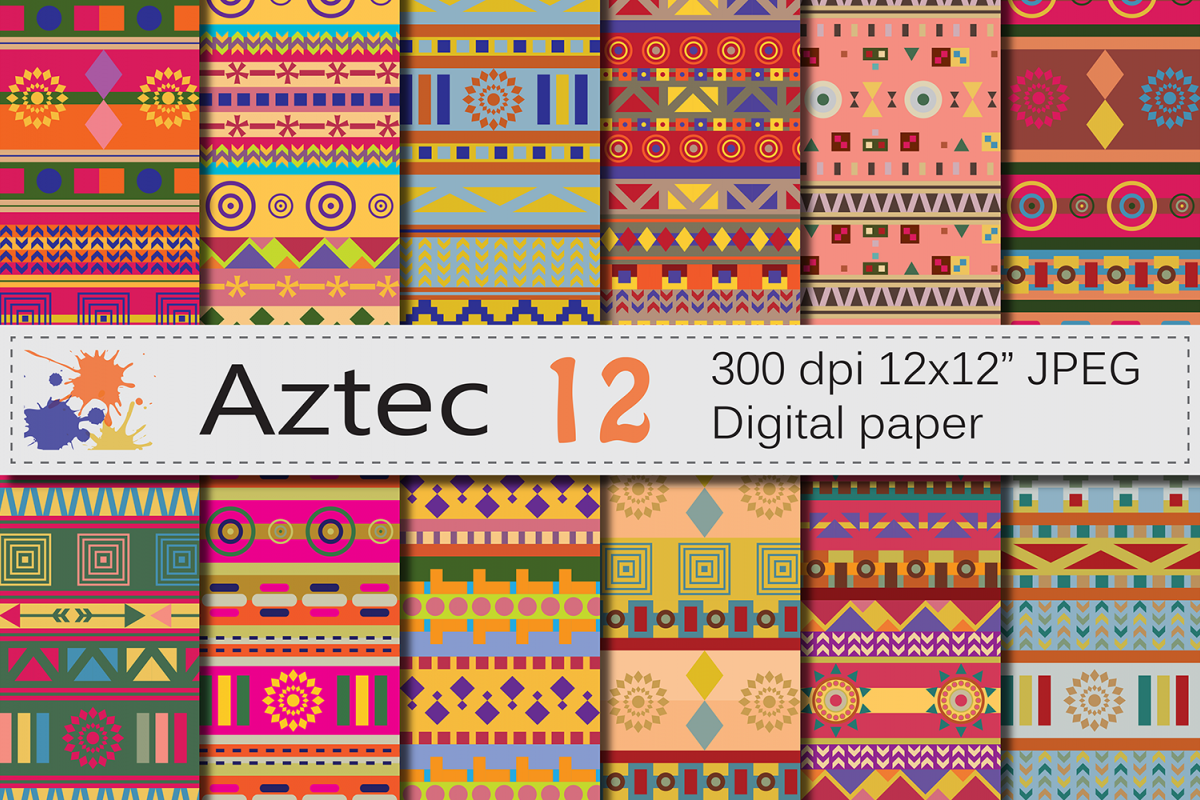 Aztec Digital Paper / Bright ethnic tribal geometric papers example image 1