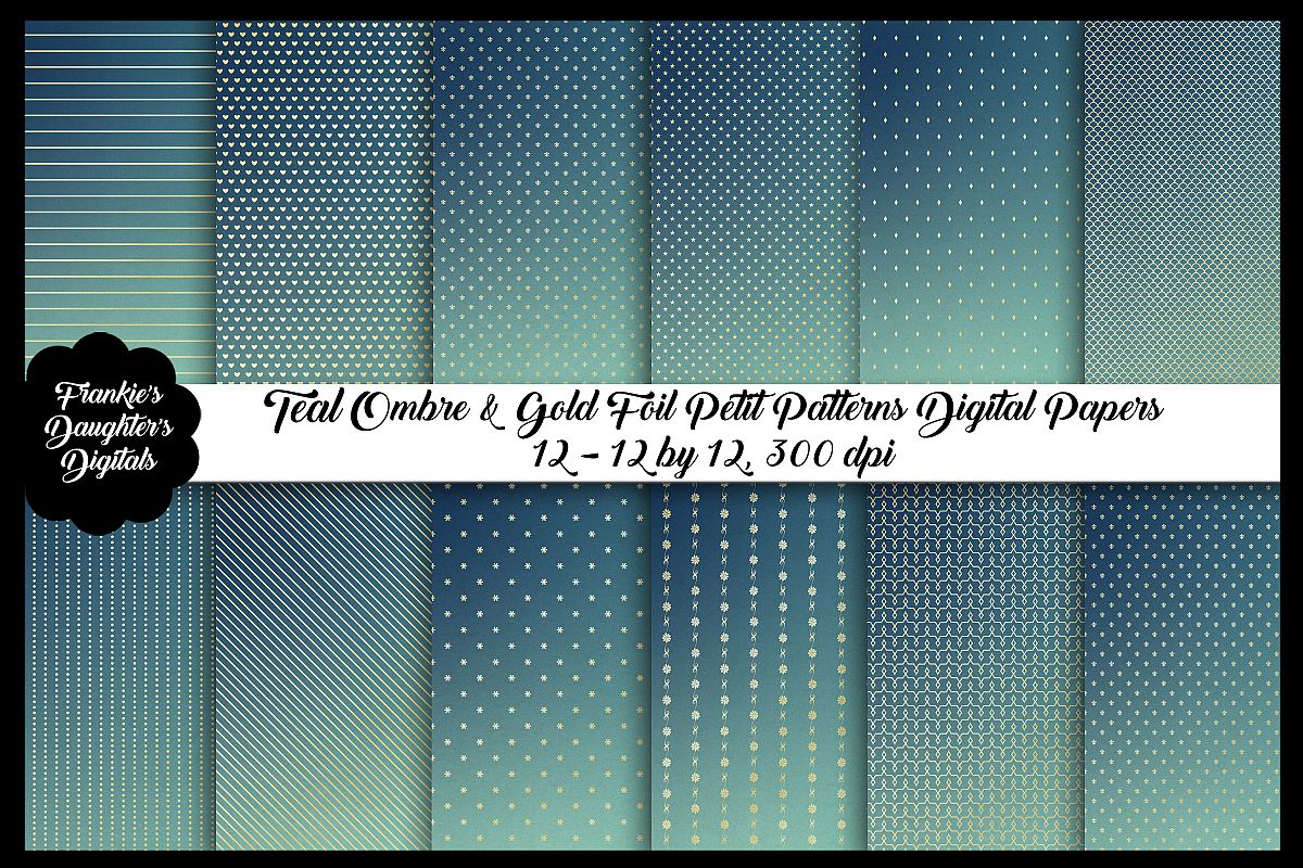 Teal Ombre and Gold Foil Petit Patterns Digital Papers example image 1
