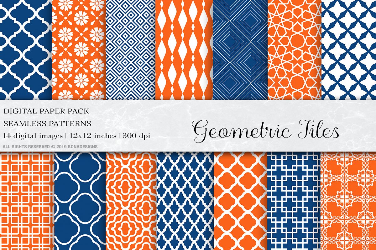 Geometric Tiles Digital Paper, Orange Blue Seamless Patter example image 1