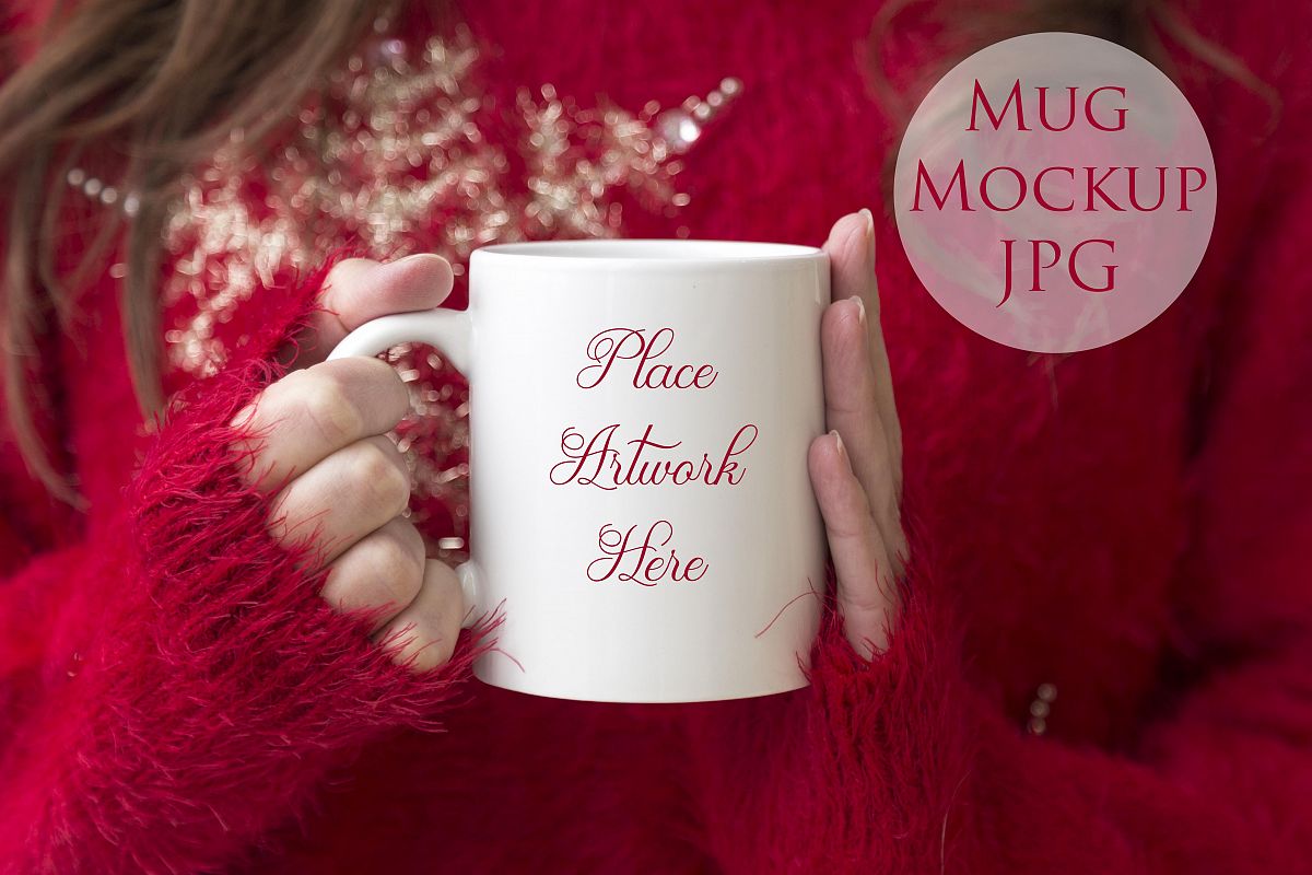 Woman holding mug in Red Christmas Sweater example image 1