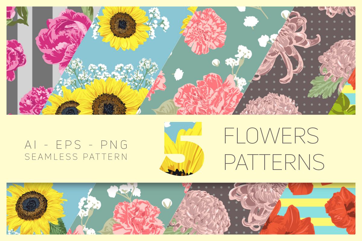 Vector Flowers Seamless Pattern Set example image 1