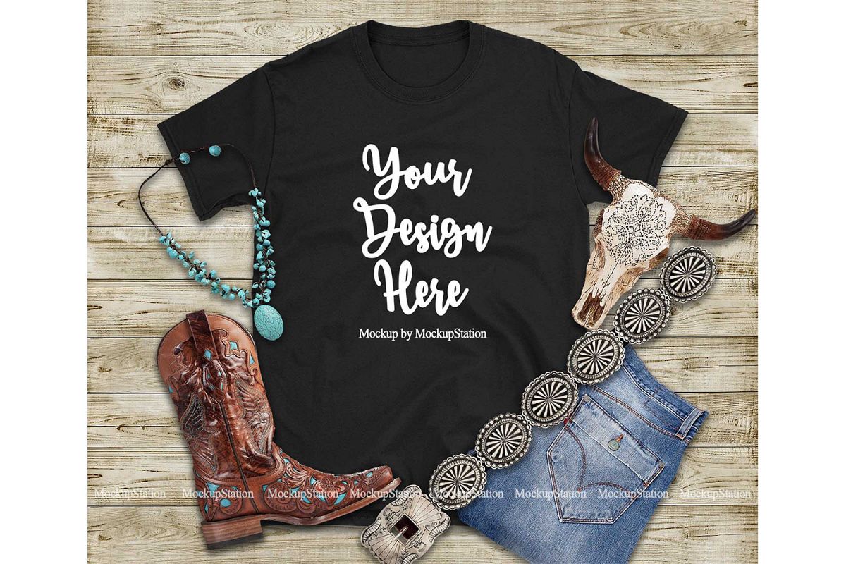 Western Black T-Shirt Mock Up, Southern Gildan Shirt Mockup example image 1