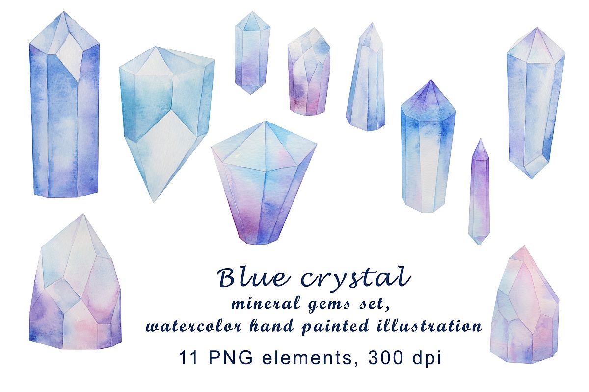 blue crystal mineral gems set, watercolor hand painted example image 1
