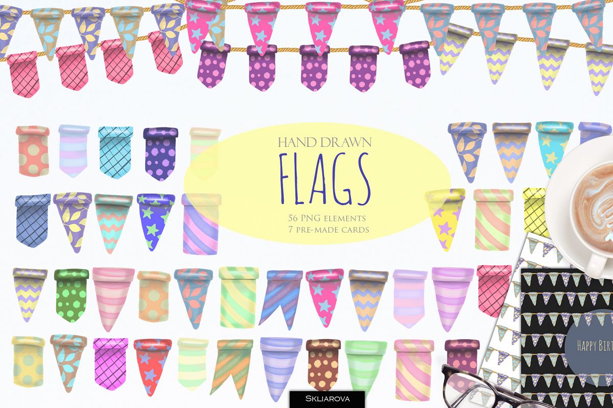 Flags clip art. 54 elements & cards. example image 1