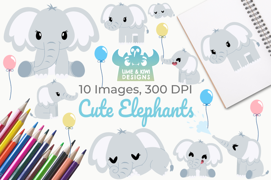 Cute Elephants Clipart, Instant Download Vector Art example image 1