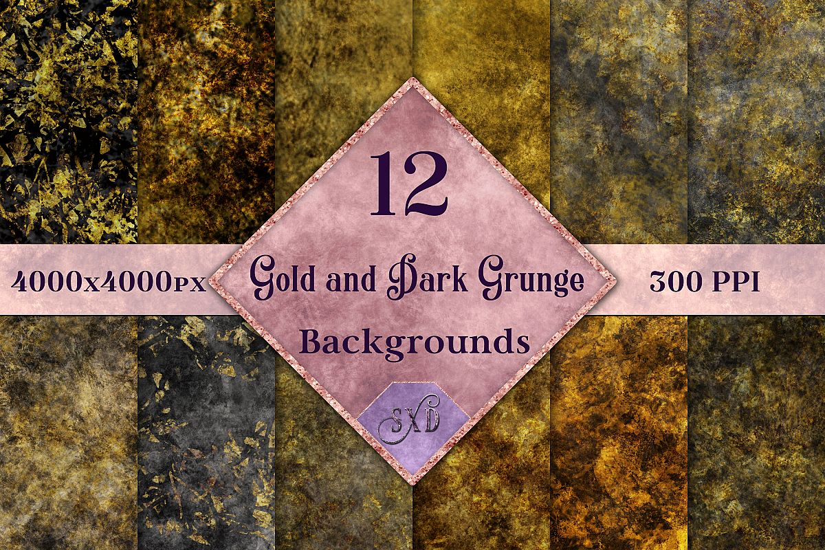 Gold and Dark Grunge Backgrounds - 12 Image Textures Set example image 1