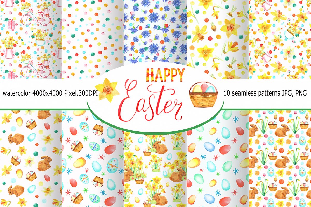 Watercolor Happy Easter Seamless Patterns example image 1