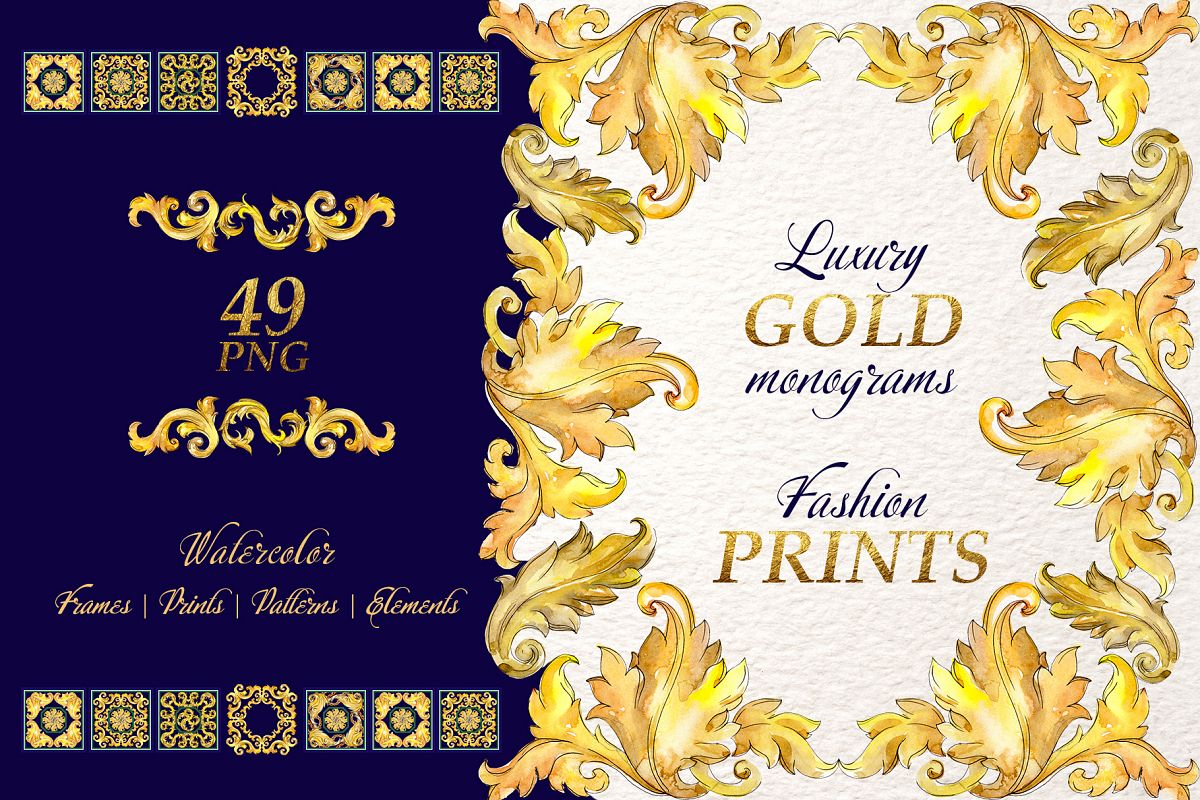 Luxury gold monograms. Fashion prints Watercolor png example image 1