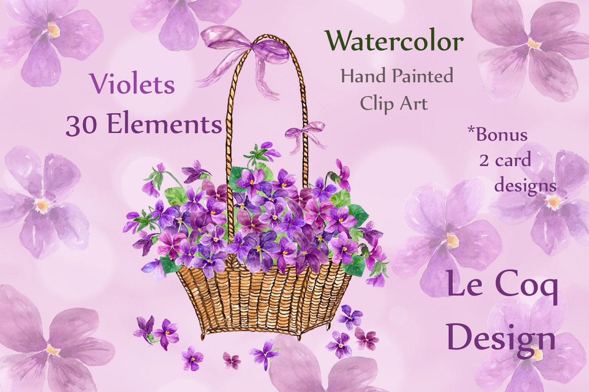 Watercolor violet flowers clipart example image 1