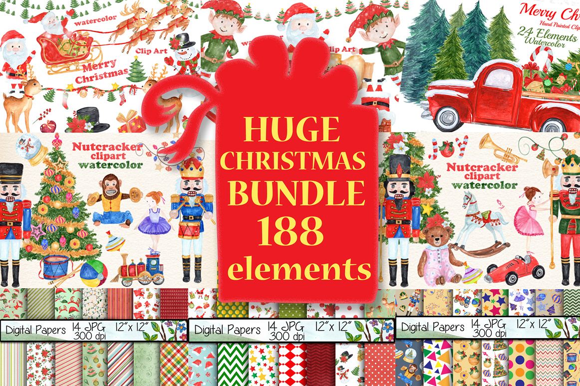 Bundle Watercolor Christmas Kids Clipart example image 1