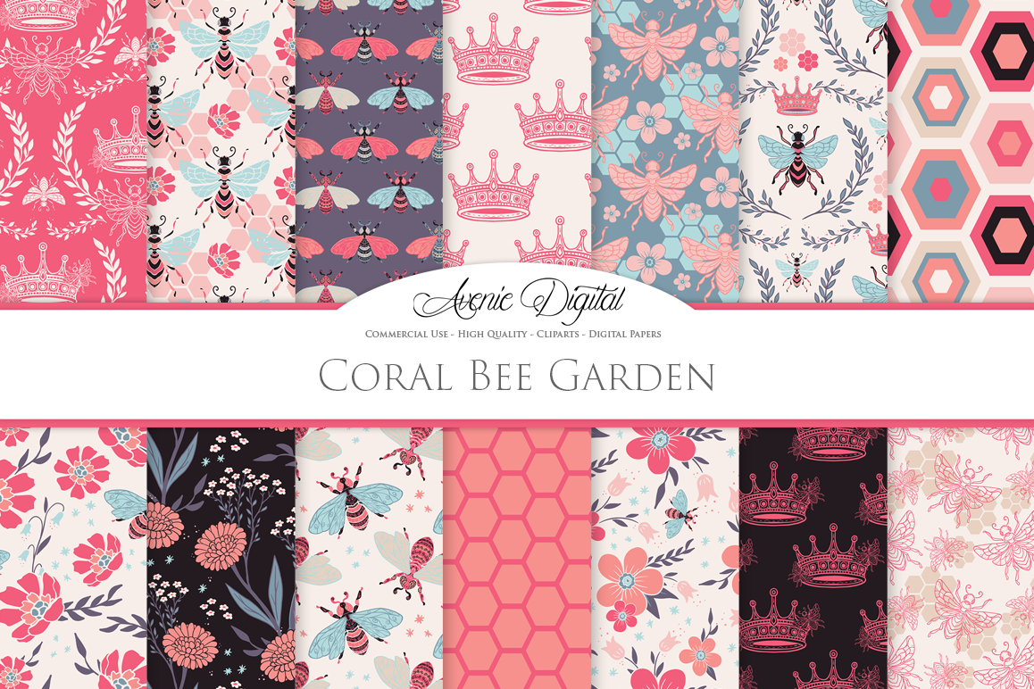 Coral Bee Garden Seamless Vector Patterns and Digital Paper example image 1