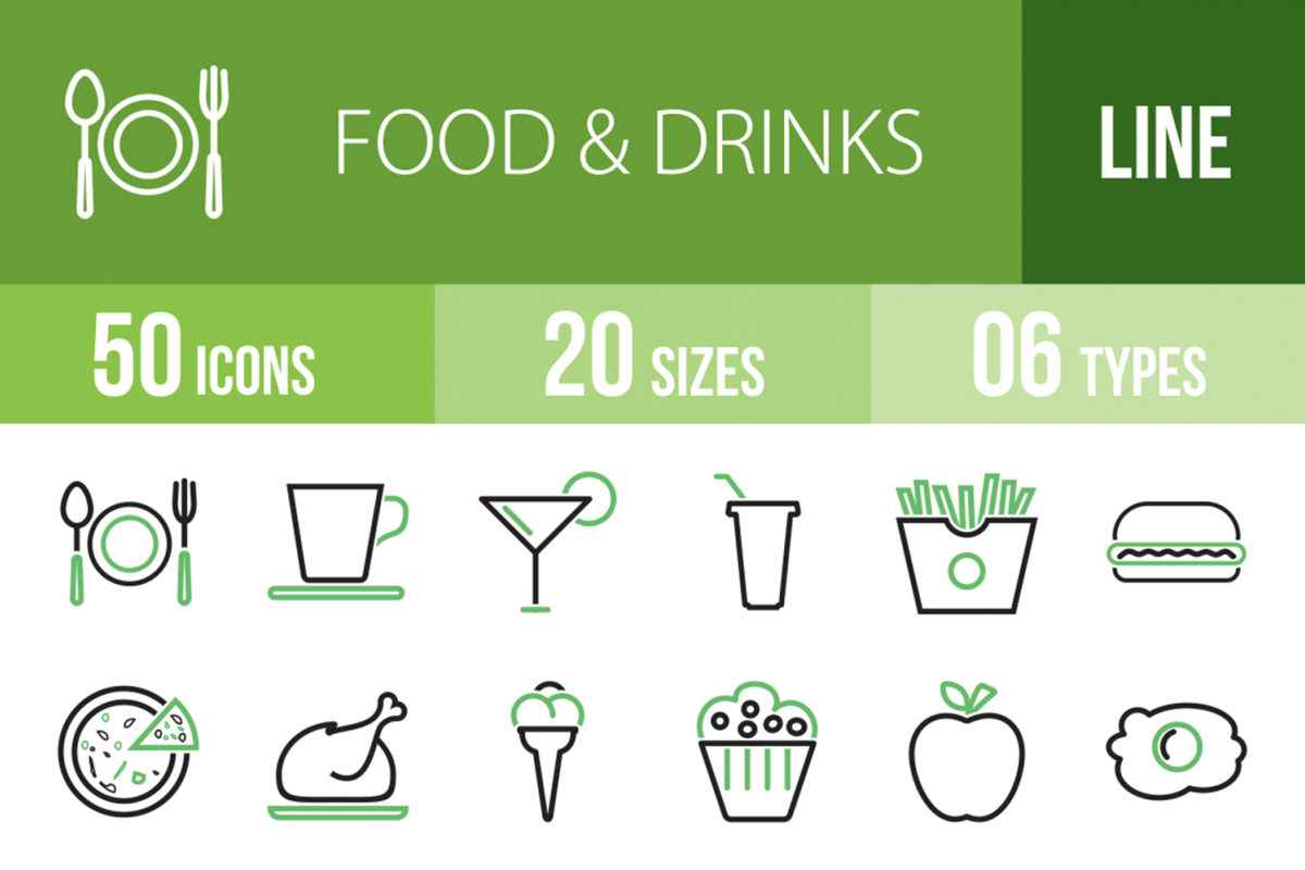 50 Food & Drinks Line Green & Black Icons example image 1
