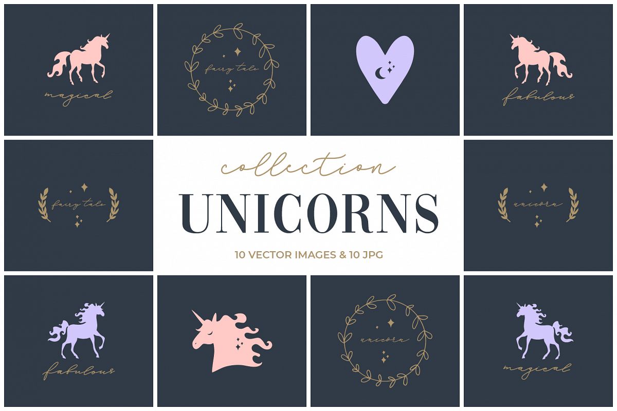 Unicorn silhouette clip art set example image 1