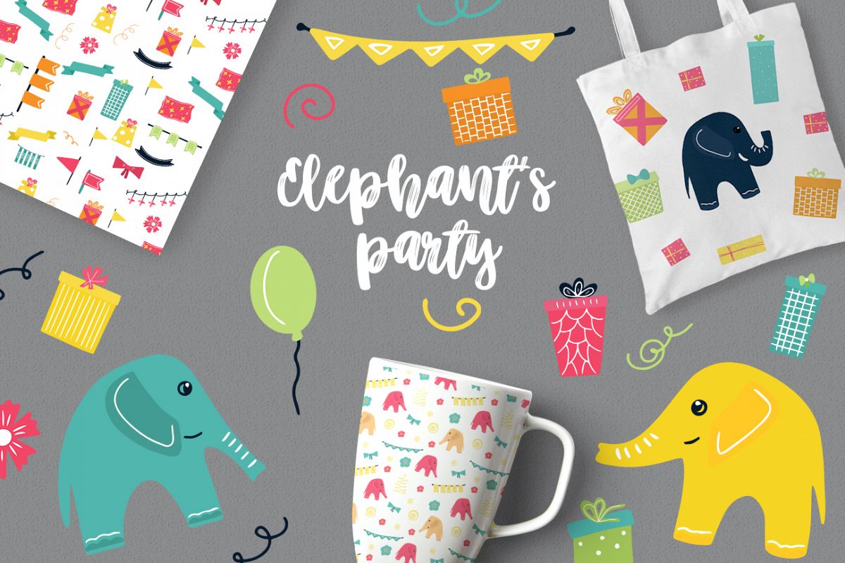 Elephant's party vector clipaty Birthday clipart example image 1