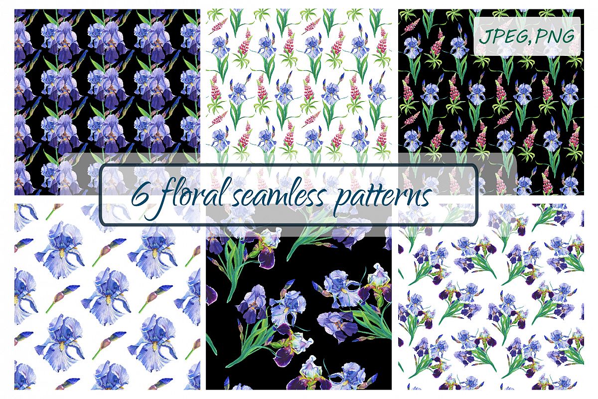Watercolor irises,lupines.Patterns. example image 1