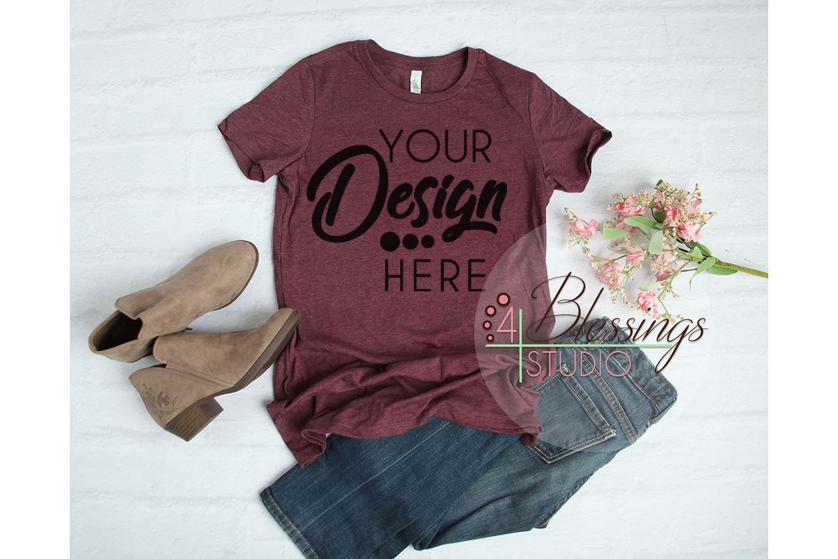 Download Bella Canvas Mockup 6004 Women TShirt Mockup Heather Maroon (142321) | Mock Ups | Design Bundles