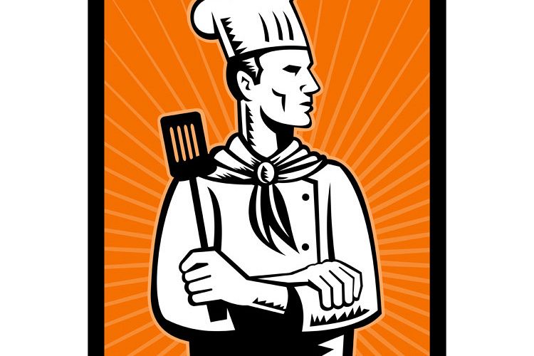 Retro chef cook holding spatula looking up example image 1