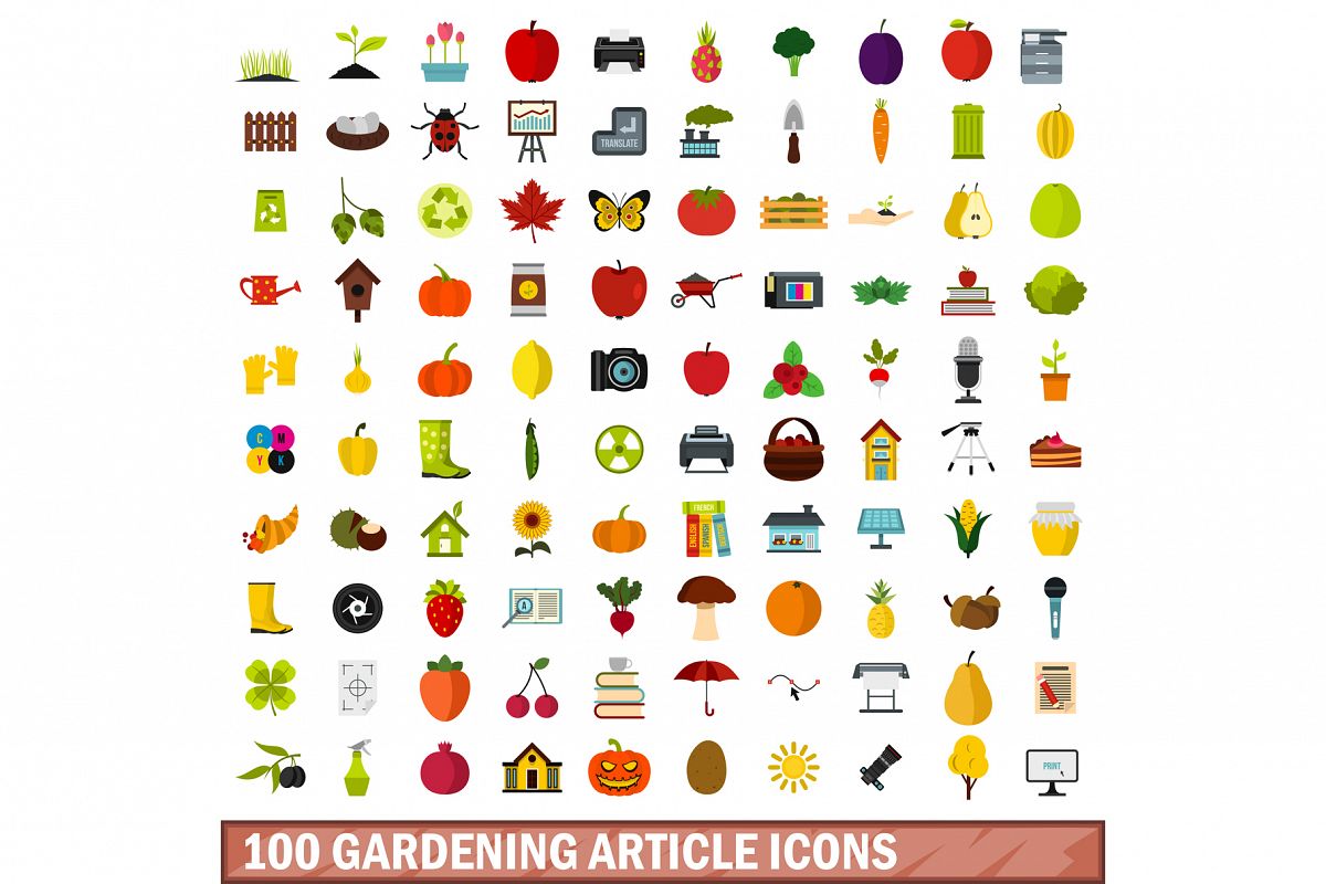 100 gardening article icons set, flat style example image 1
