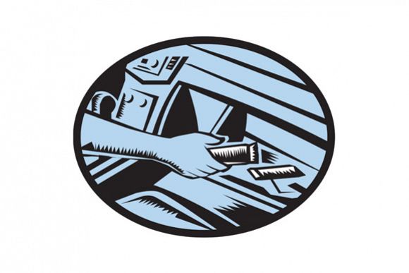 Hand Reaching in Glove Box for Energy Bar Oval Woodcut example image 1