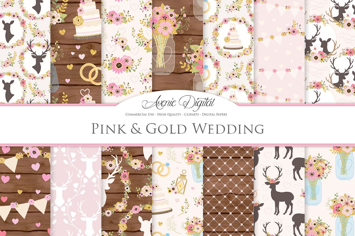 Pink and Gold Wedding Digital Paper - Gold and Pink Rustic Wedding Deer Seamless Patterns example image 1