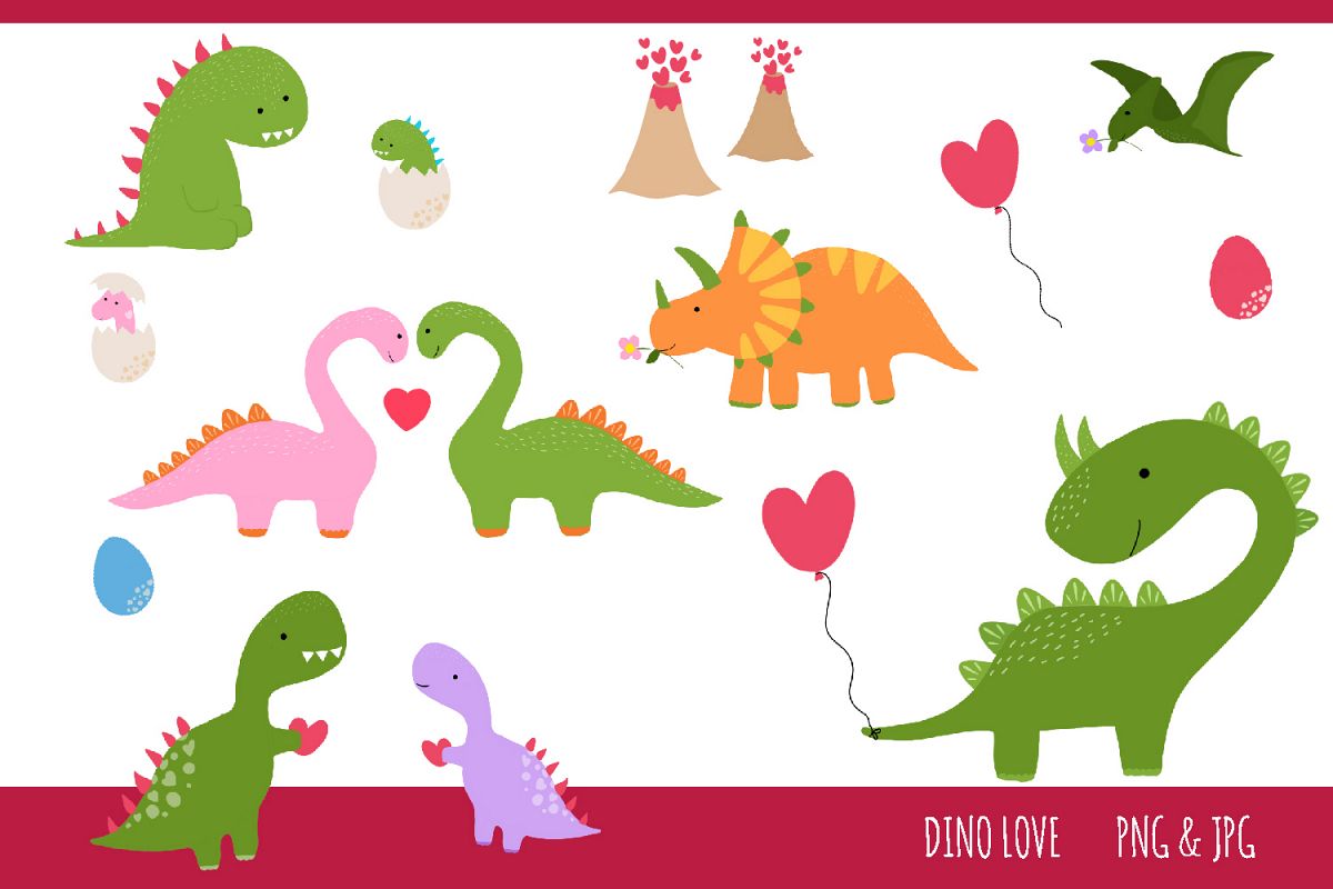 Dinosaur Love Clipart Set - jpg, png, 300 dpi example image 1