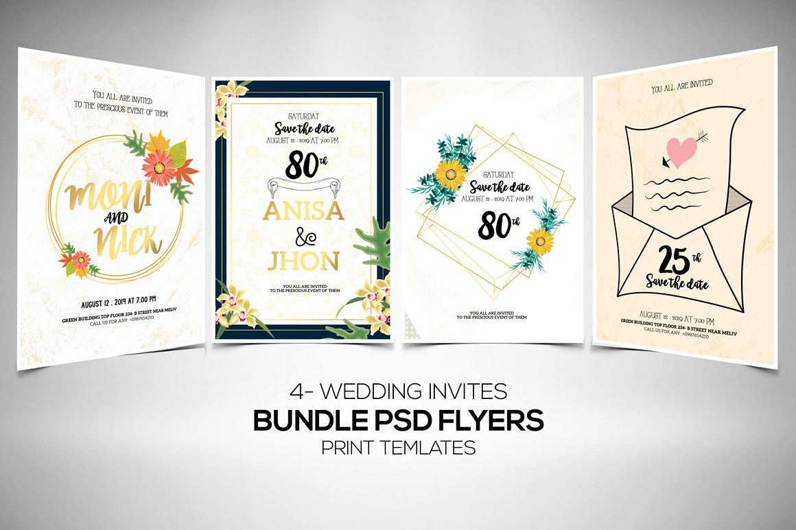 4 Floral Wedding Invitation Flyers Bundle example image 1