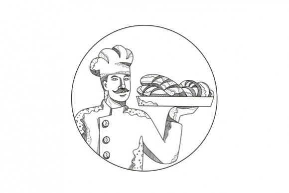 Baker Holding Bread on Plate Doodle Art example image 1