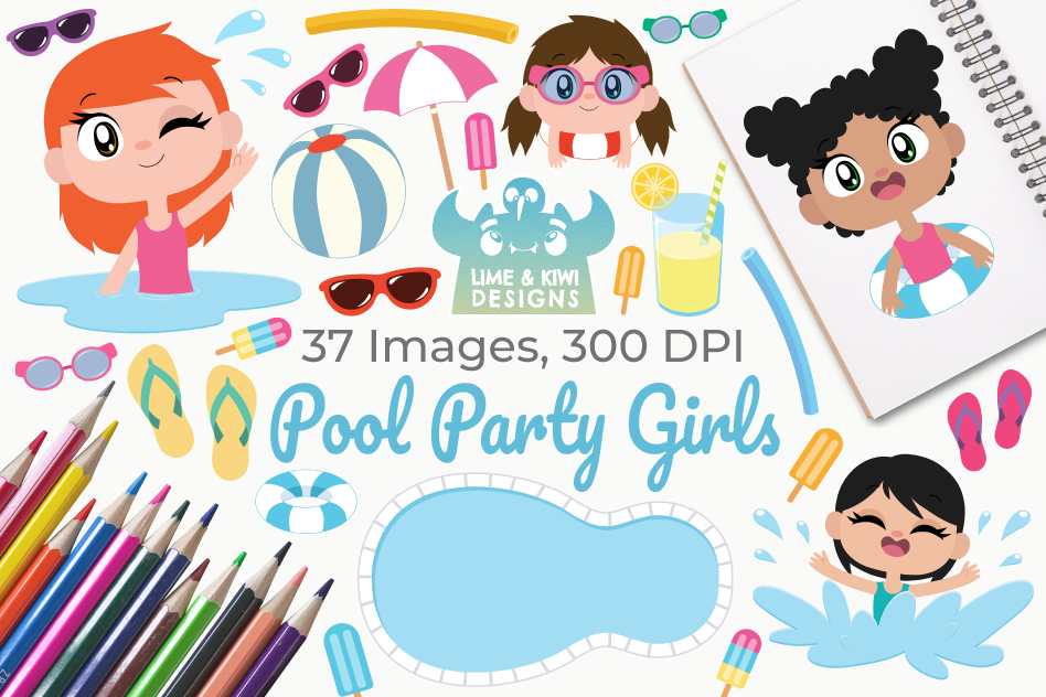 Pool Party Girls Clipart, Instant Download Vector Art example image 1