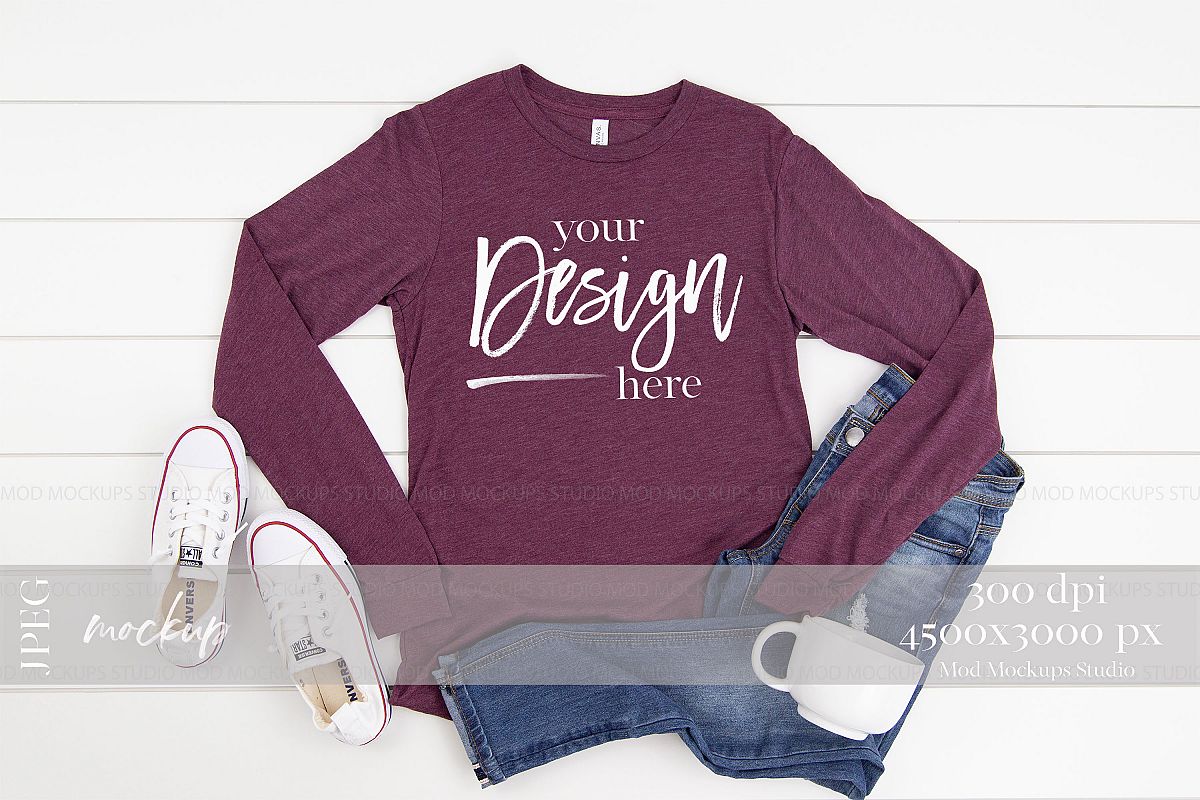 Download Long Sleeve Tshirt Mockup Maroon Triblend | 3501 Bella Canva (392106) | Mock Ups | Design Bundles