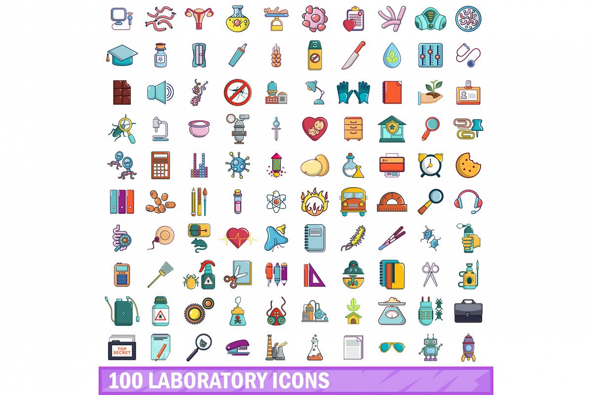 100 laboratory icons set, cartoon style example image 1