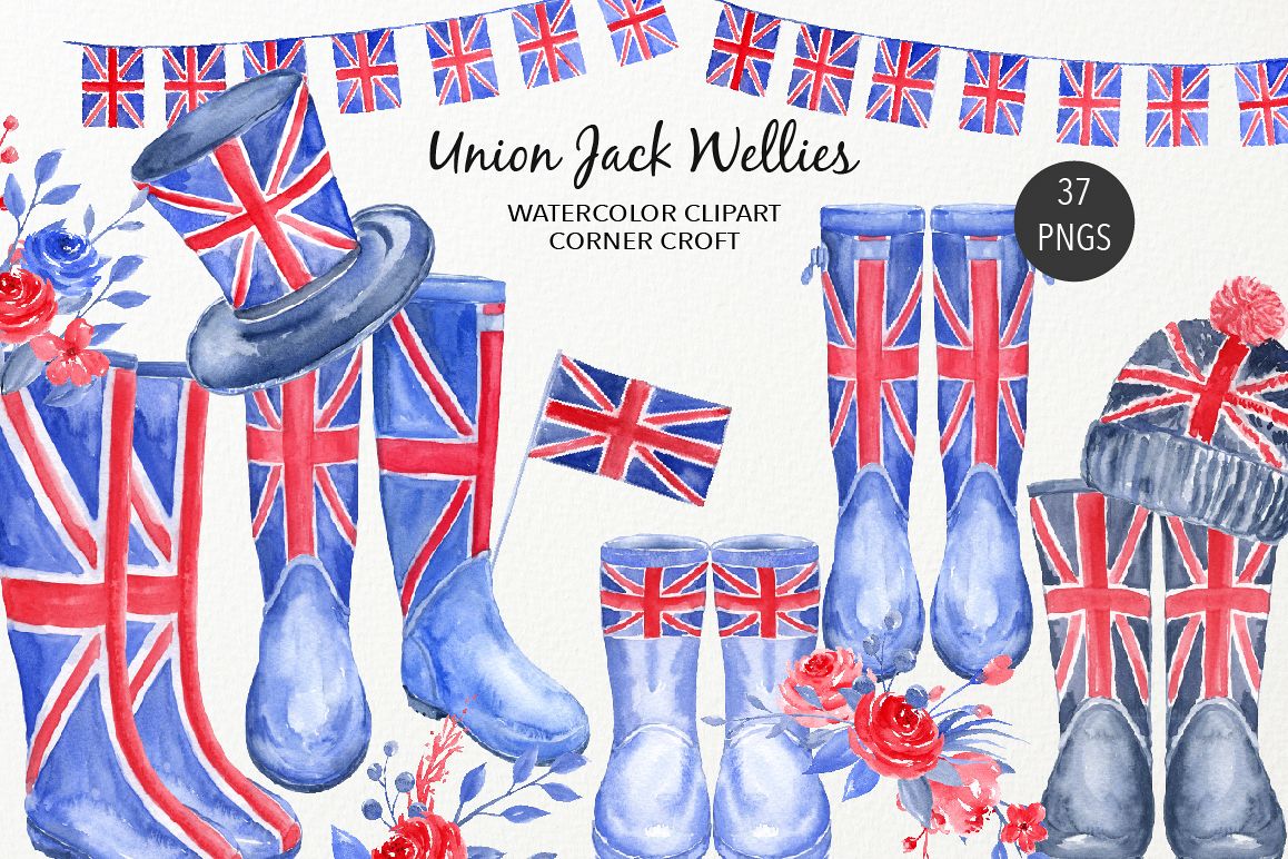 Watercolour Union Jack Welly Illustration, Welly Clipart, Rain Boots example image 1