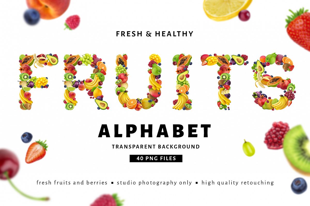 Fruits and berries alphabet, healthy alphabet example image 1