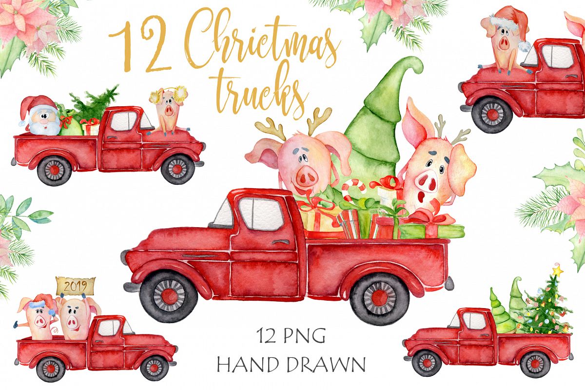 Christmas truck with xmas trees, sants and cute pigs example image 1