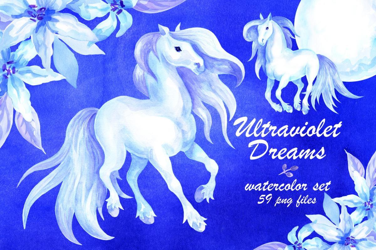 Ultraviolet dreams. Watercolor horses and flowers. example image 1