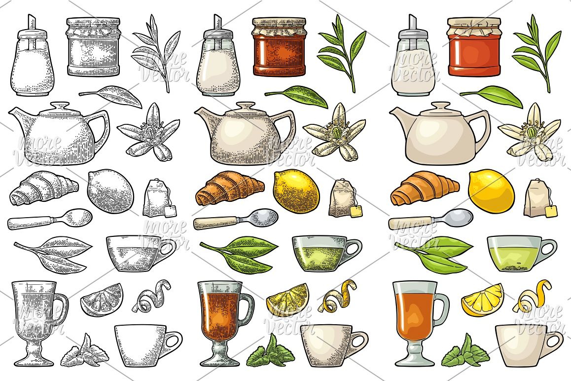 Set tea with lettering. Vector vintage engraving example image 1