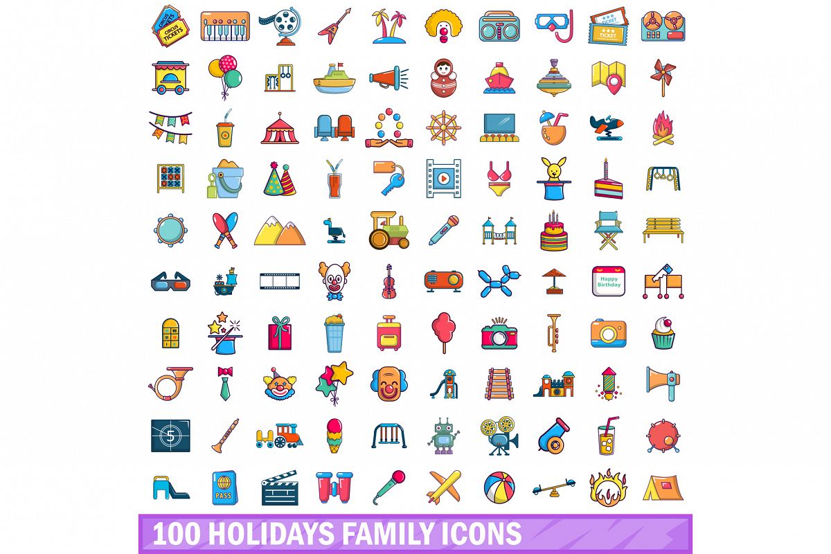 100 holidays family icons set, cartoon style example image 1