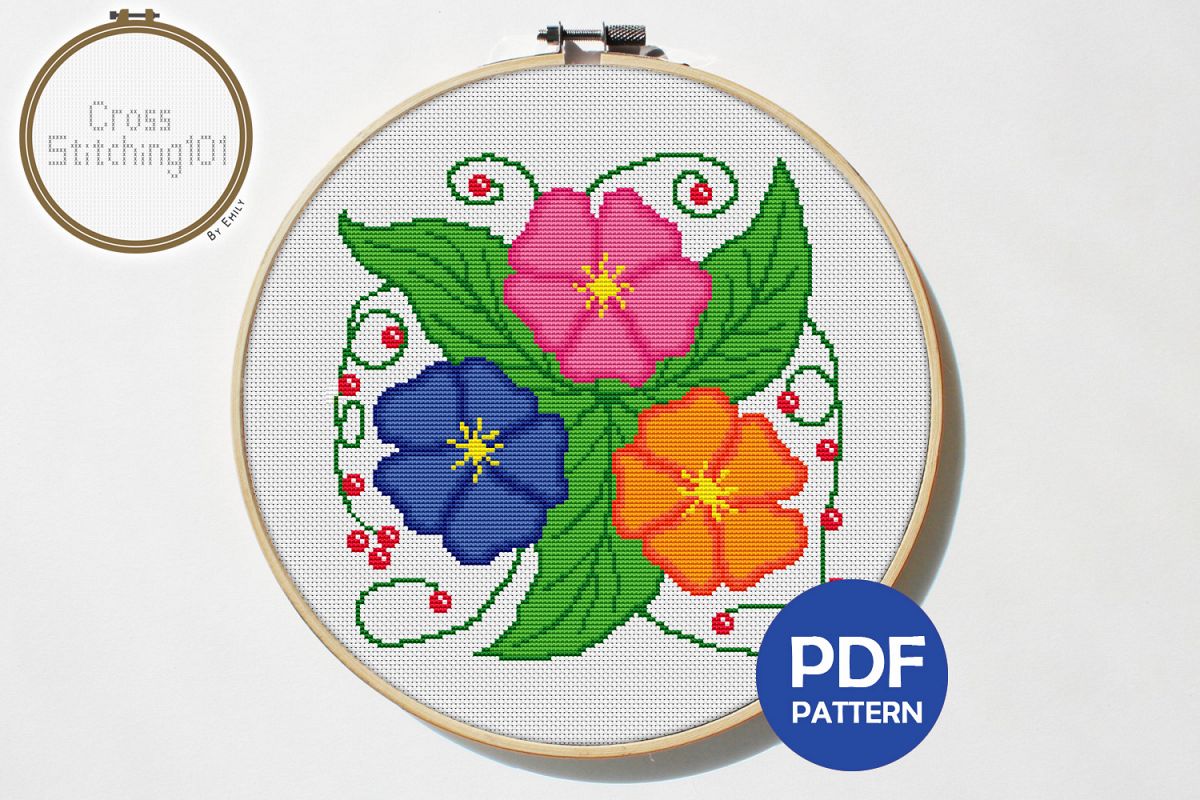 Three Flowers Cross Stitch Pattern - Instant Downlod PDF example image 1