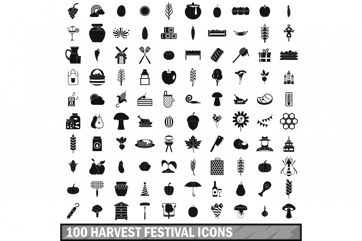 100 harvest festival icons set, simple style example image 1