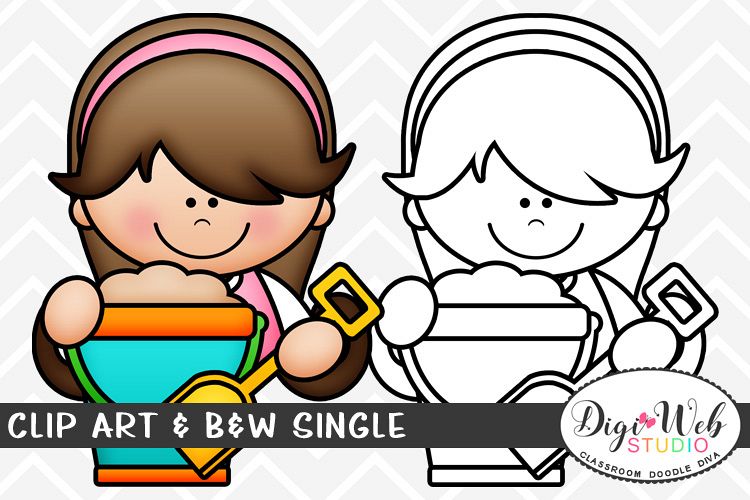 Clip Art & B&W Single - Summer Girl w/ A Pail of Sand Topper example image 1