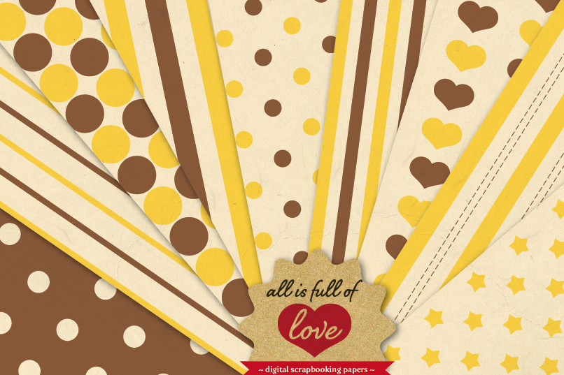 Honey Vintage Background Patterns in Brown and Yellow Digital Paper Pack with Stripes, Dots, Stars and Hearts example image 1