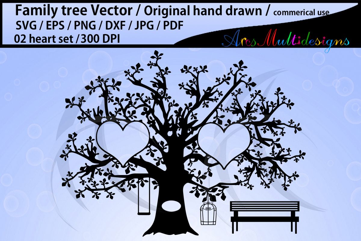 2 hearts family tree clipart / hand drawn tree svg vector example image 1